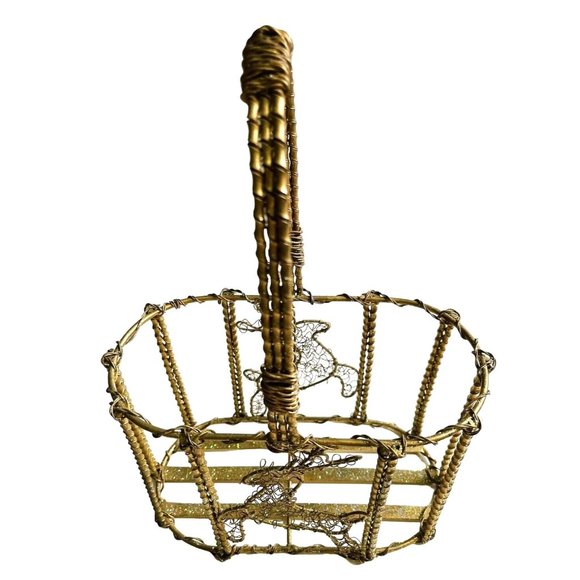Christmas Basket Wire Reindeer Design Glittering Gold Tone Metal 13" x 9" x 5" - Picture 7 of 7